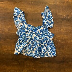 Blue Floral Ruffle Sleeve Women's Top